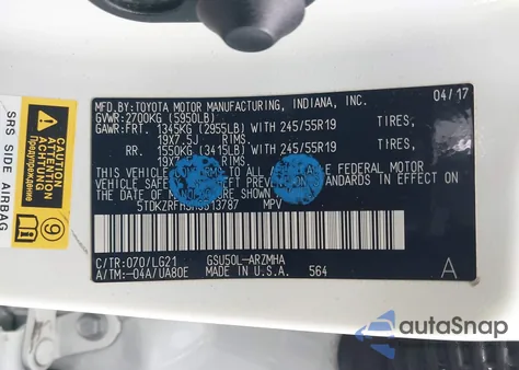 2017 Toyota Highlander Se z USA, uszkodzony, nr VIN 5TDKZRFH9HS513787